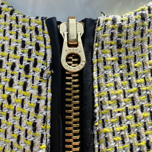 Juicy Couture Yellow/Green Tweed Jacket front zip faux leather trim size small - Picture 5 of 13